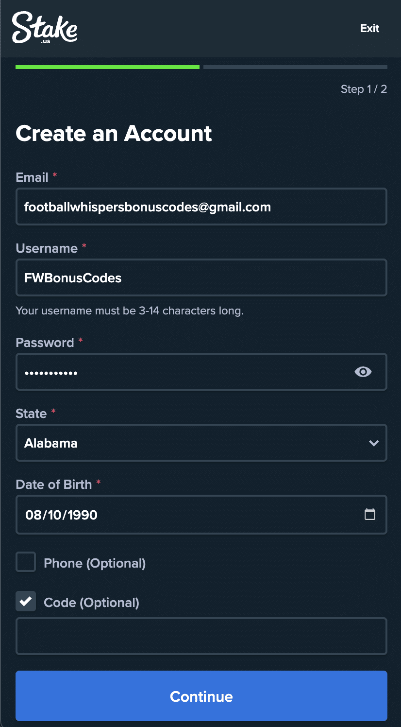 Stake.us sign up page and promo code field.